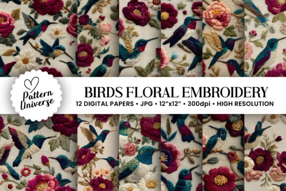 Birds Floral Embroidery Digital Papers for Apparel